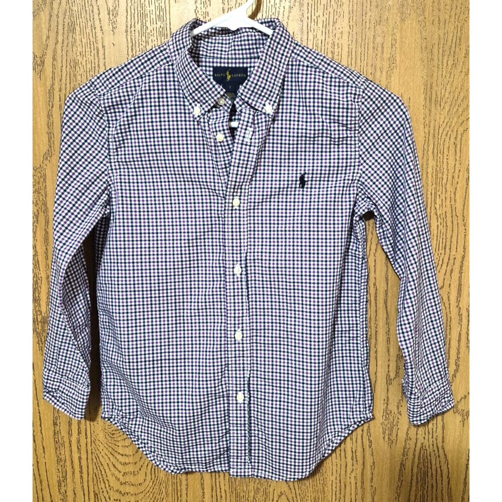 Ralph Lauren Blue Label Boys Blue Purple Check Button Up Long Sleeve Shirt 7
